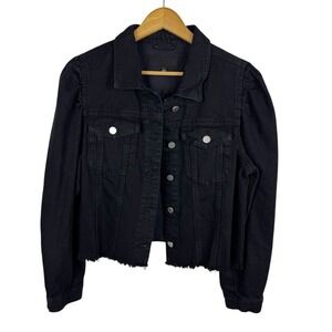 Blank NYC Black Denim Jacket Sz L‎ Puff Sleeve Frayed Hem Cropped Grunge Goth
